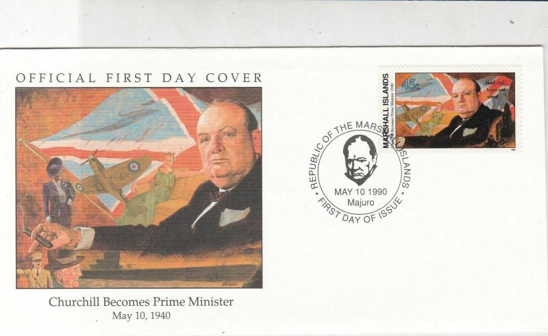 Marshall Islands 1990 Churchill Becomes PM Cancel Pic + Stamp FDC Cover Rf 32045