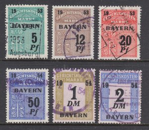 Germany, Bavaria, 1953, 1954 Court Fee Revenues, 6 different, used, sound, F-VF