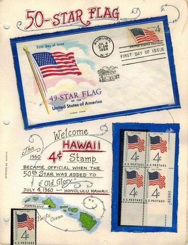 Handpainted Page FDC 1153 HAWAII 50 STAR FLAG 1959 Issue + Fluegel Cachet