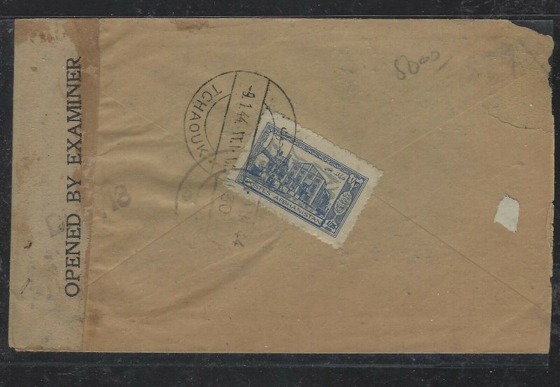 AFGHANISTAN  COVER (PP1404B) 1944 CENSORED COVER TCHAOUK TO PESHAWAR