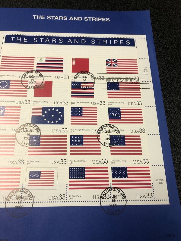 US FDC 2000 USPS Souvenir Page Stars and Stripes 20 Stamps Scott 3403