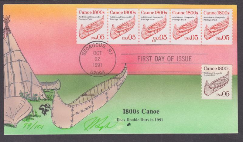 US Sc 2454, PNC S11 FDC. 1991 5c Canoe, Coil Strip of 5, Pugh Cachet