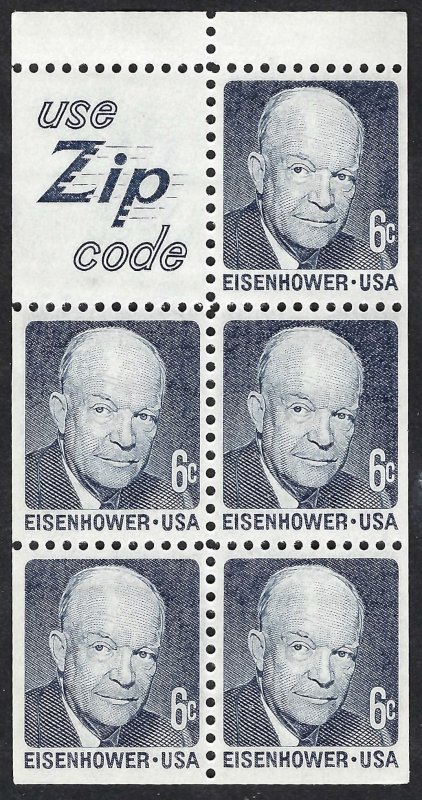 United States 1393b 6¢ Dwight D. Eisenhower. Booklet pane of 5. Zip Code. MNH