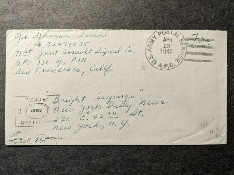 APO 331 SCHOFIELD BARRACKS, OAHU, HAWAII 1945 WWII Army Cover 71 ASSUALT SIGNAL