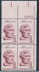 US #1114, Plate Block, A. Lincoln, M-NH*-