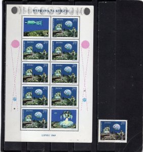 POLAND 1969 SPACE SET OF 1 STAMP & SHEET OF 8 STAMPS & 2 LABELS MNH