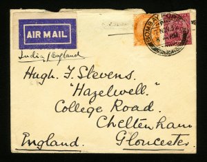 India #112, #118 1932 Early Air Mail Cover Bombay India to Gloucester, England