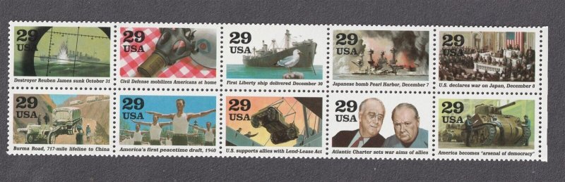 Block 10 Stamps 29c WWII 1941 World at War US 2559 MNH F-VF