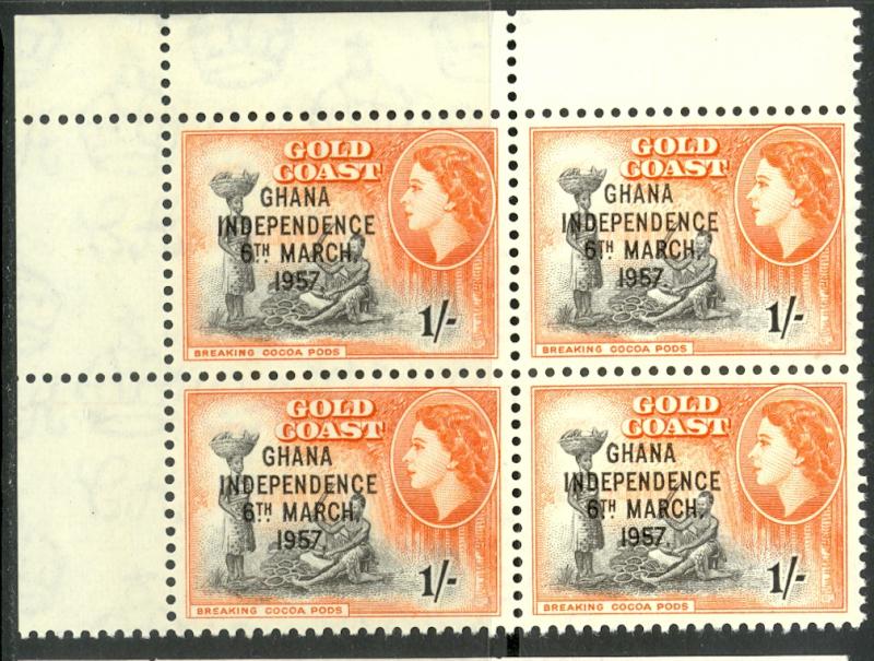 GHANA 1957 1sh INDEPENDENCE OVPT Block of 4 Sc 10 MNH