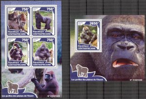 Central African Republic 2016 Animals Monkeys Gorillas Sheet + S/S MNH