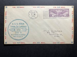 1931 USA Zeppelin Cover Akron OH to Battle Creek MI ZRS4 Leaves for Lakehurst 2