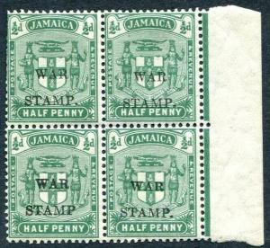 JAMAICA-1917 ½d Blue-Green War Stamp Mint Block of 4 one with no stop 