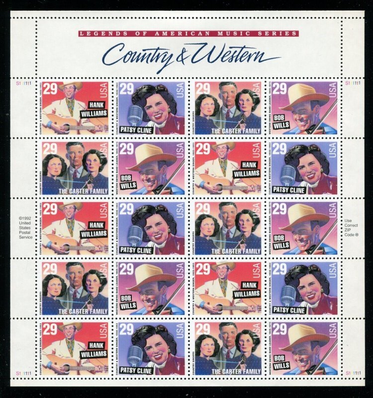 2771 - 2774 Country and Western Music Sheet of 20 29¢ Stamps MNH