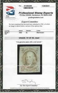 1 XF used PSE cert 85 light red cancel with nice color ! see pic !