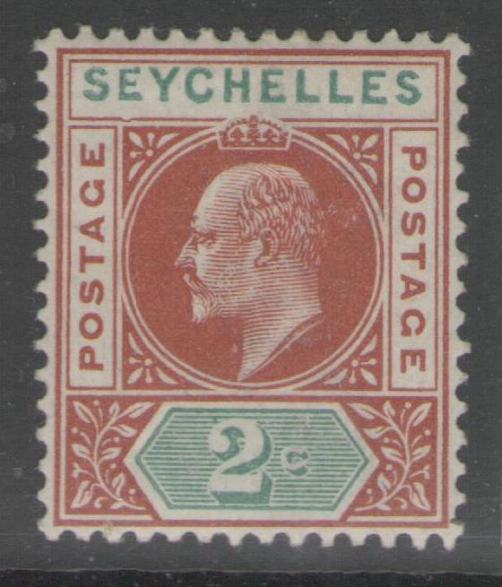 SEYCHELLES SG46a 1903 2c CHESTNUT & GREEN DENTED FRAME MTD MINT