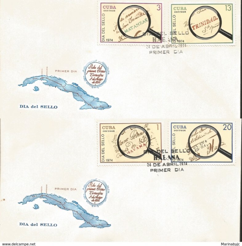 J) 1974 CARIBE, SEAL DAY, MAGNIFYING GLASS, MAP, MULTIPLE STAMPS, SET OF 2 FDC