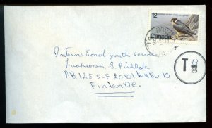 ?Air mail to FINLAND postage due T13/25 Falcon bird stamp, cover Canada