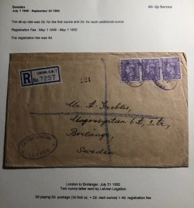1950 London England Latvian Legation Registered Cover To Borlanger Sweden 