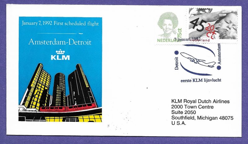 KLM - AMSTERDAM / DETROIT, 1992 FIRST FLIGHT AIRMAIL COVER.