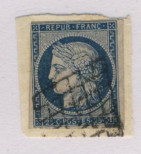 FRANCE - CÉRÈS - 1850 - n°4 25c BLEU OBL. GRILLE SUR PETIT FRAGMENT - B