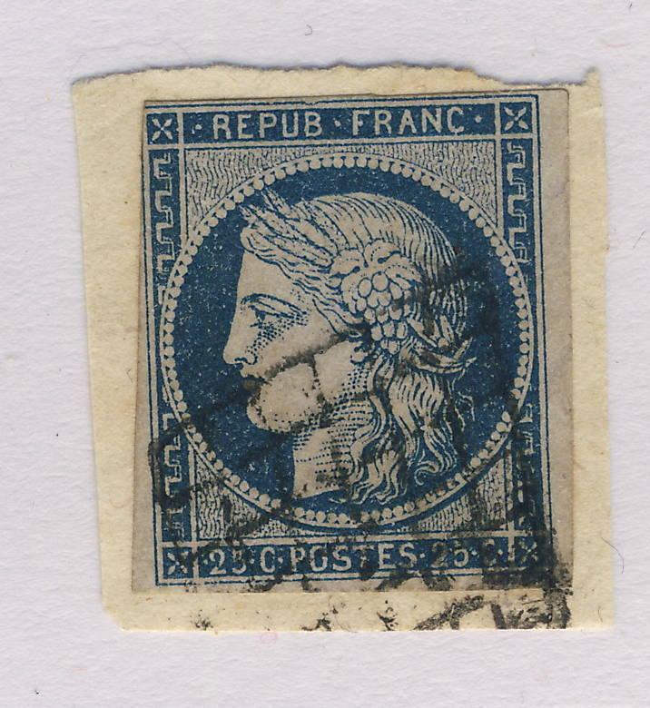 FRANCE - CÉRÈS - 1850 - n°4 25c BLEU OBL. GRILLE SUR PETIT FRAGMENT - B