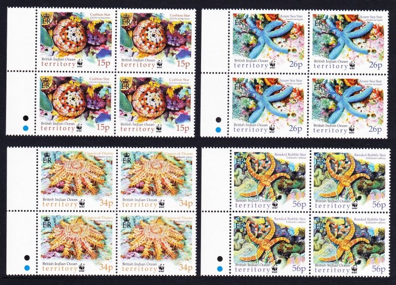 BIOT WWF Sea Stars 4v Blocks of 4 margin 2001 MNH SC#231-234 SG#253-256