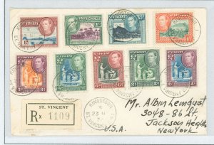 St. Vincent  1938 Royalty, King George VI, Reg. to N Y, 9 stamps issued 1938 from 141-51