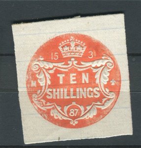 BRITAIN Early 1900s classic Embossed Revenue issue used 10s. value