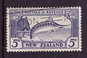 New Zealand-Sc#192-used 5p violet blue Striped Marlin-Fish-1935-