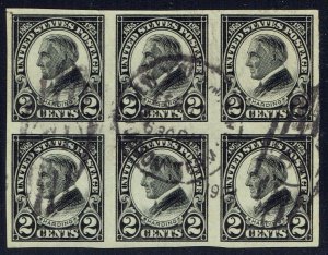 1923 2c Black Harding IMPERFORATE (611) blk of 6 with contemporary cancel