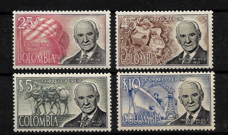 COLOMBIA 1965 MANUEL MEJIA AND FLAG, COFFEE GROWERS, HORSE, WORKS SET OF 4 MNH