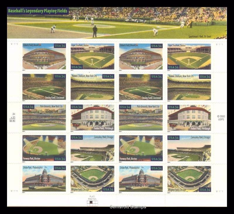 3510 - 3519 Baseball's Legendary Playing Fields 2001  34¢ Sheet MNH 