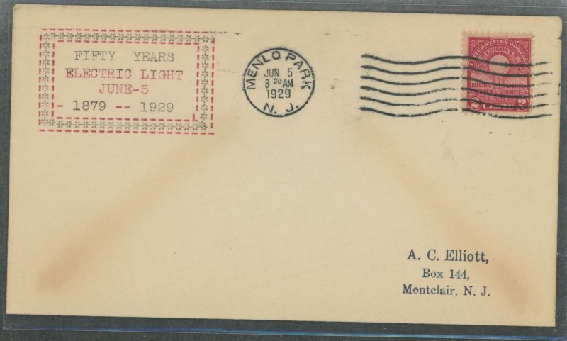 US 654 1929 2c electric light golden jubilee(single) on an addressed first day cover with a home-made cachet