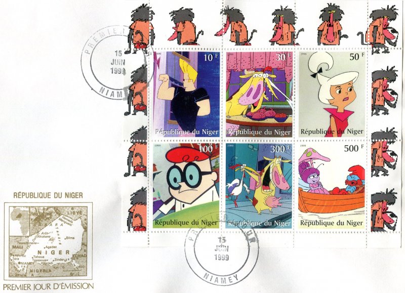 Niger 1999 CARTOONS THE SMURFS Sheet (6) Perforated in Official FDC