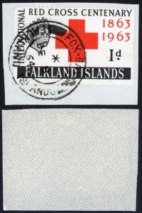 Falkland Is 1d Red Cross fine FOX BAY Datestamp