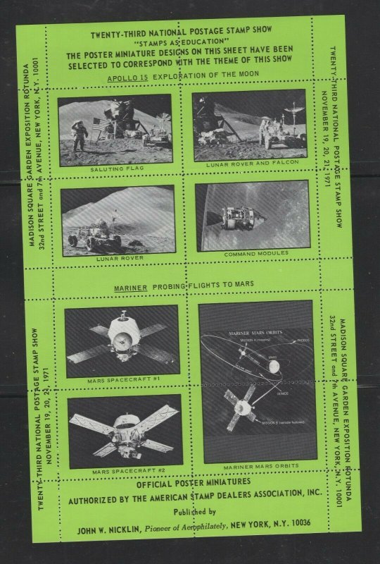 ASDA sheet of 8 Apollo 15/Mariner Poster stamps green for 1971  Stamp Expo - P