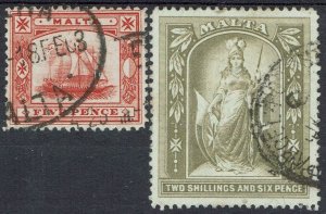 MALTA 1899 PICTORIAL 5D AND 2/6 WMK CROWN CA/CC USED