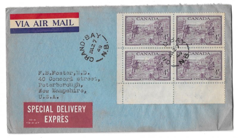 Grand Bay, New Brunswick, Canada to New Hampshire 1949 Special Delivery Air Mail