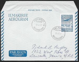 FINLAND Aerogramme 20Mk Airplane 1951 Helsinki cancel to USA!