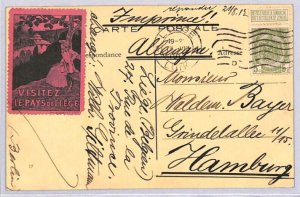 BELGIUM Postcard Liege TOURISTIC Label Germany Hamburg 1913{samwells-covers}YG10