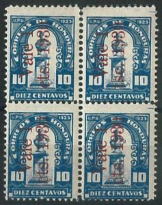 70779 -  HONDURAS - STAMPS:  1930 Block of 4 with OVERPRINT ERROR on 1 stamps!