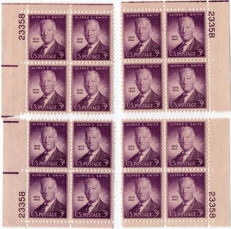 Scott 937 Alfred E. Smith Matched Set of Plate Blocks of 4 Stamps