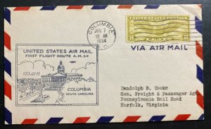 1934 Columbia SC USA First Flight Airmail Cover FFC To Norfolk Am 24