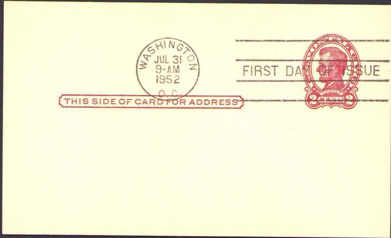 US FDC #UX43 1952 Washington DC Abraham 2¢ Lincoln Postal Card