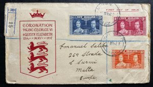 1937 New Zealand First Day Cover FDC To Malta King George VI Coronation KG6