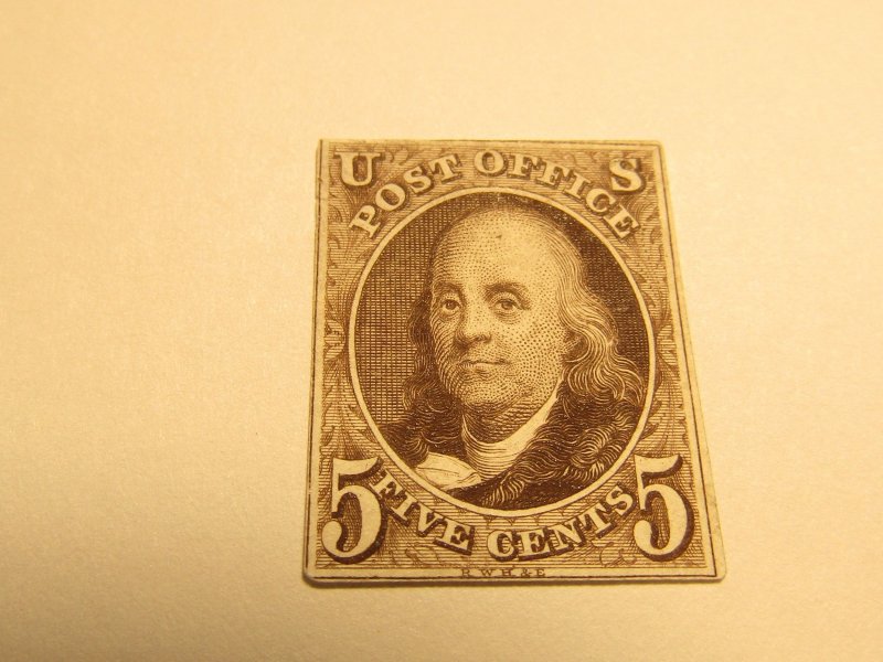 US Stamp, Scott #3, 5c Mint 1875, No Gum (AI) VF Imperf Catalogue Value $1300.00