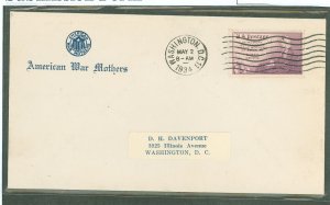 US 737 1934 3ct Mother's day (whistler's mother) singleon an addressed (label) first day cover with an Americ...