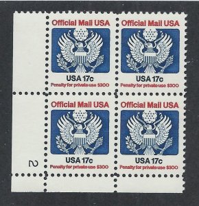 UNITED STATES SC# O130 PL#2 LL B/4 FVF/MNH 1983