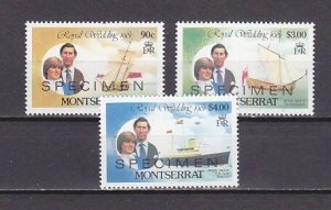 Montserrat, Scott cat. 465, 467, 469. Royal Wedding issue. Specimen o/print.