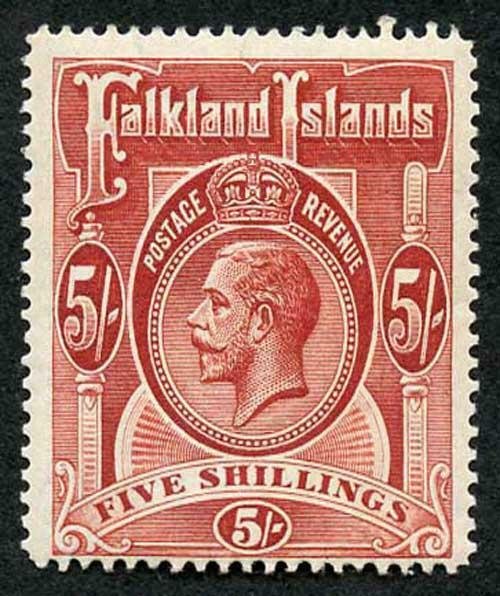 Falkland Island SG67 KGV 5/- Deep Rose-red wmk Mult Crown CA M/Mint